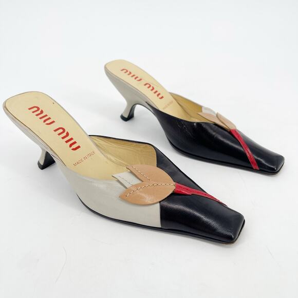 Miu Miu Vintage Retro Gray Black Tan Flower Detail Square Toe Mule Heel IT 36.5 - Picture 1 of 12